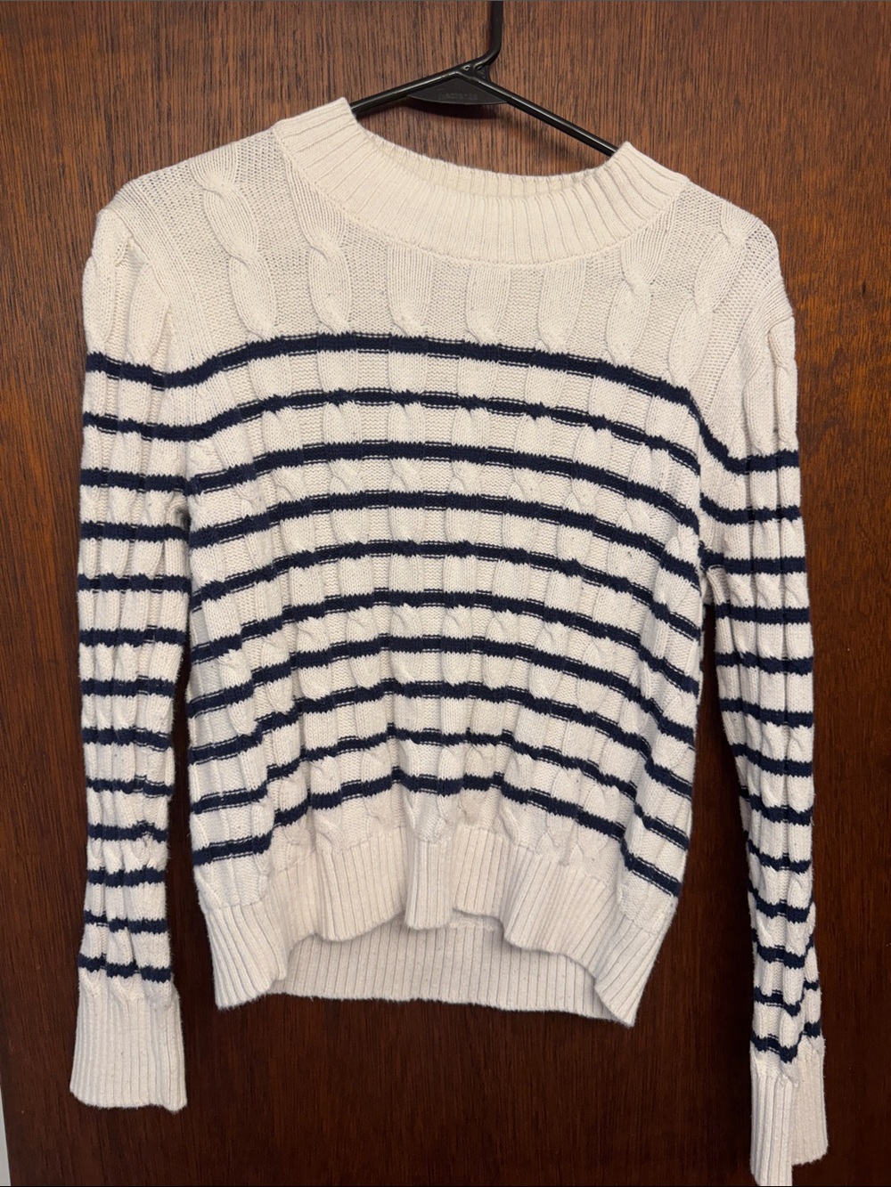 J. Crew White Cable-Knit Sweater with Navy Stripes